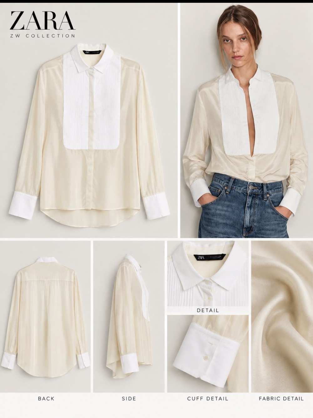 Zara Cream Silk Pintucked Bib Shirt with White Trim
